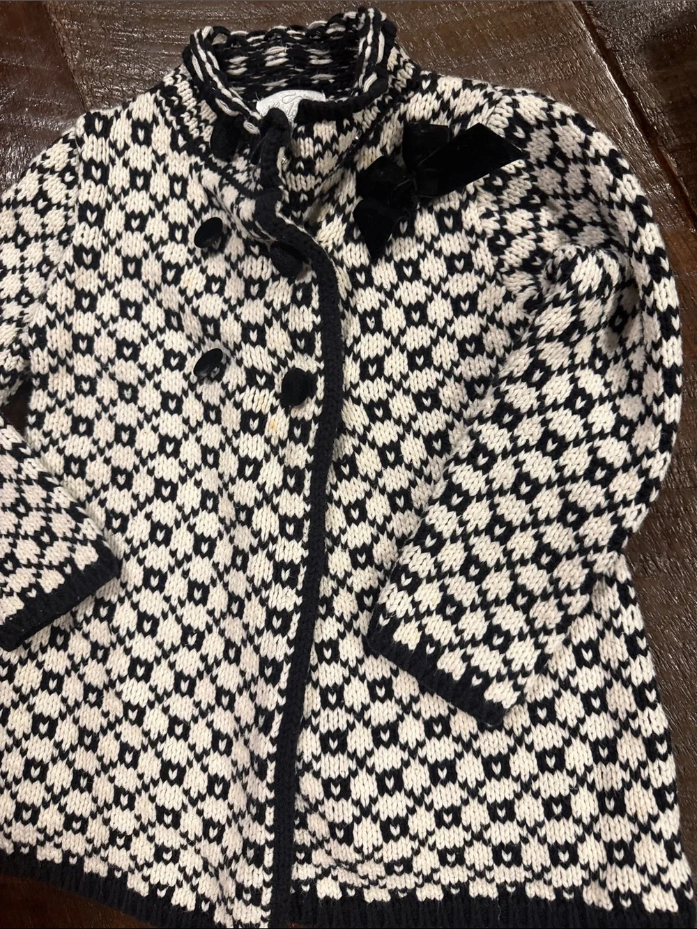 Girls Black & Cream Knit Double-Breasted Pea Coat with Velvet Bow